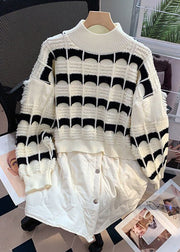 Plus Size Beige Striped Patchwork Knit Mid Tops Long Sleeve