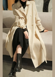 Plus Size Beige Turn-down Collar Button Sashes Woolen Coat Winter