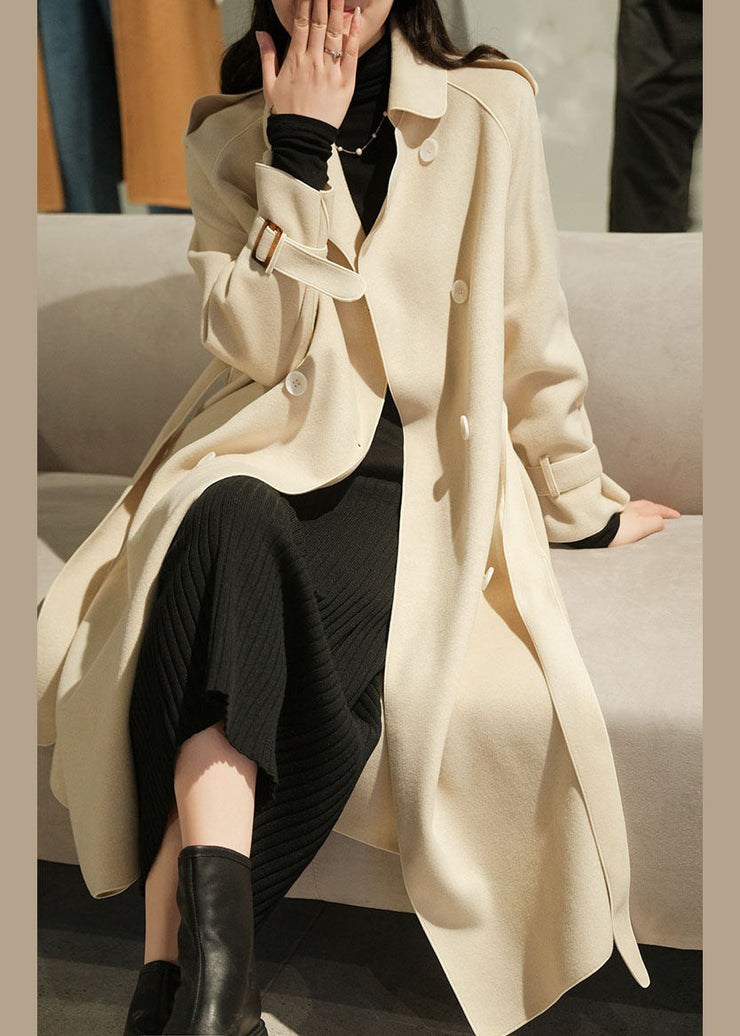 Plus Size Beige Turn-down Collar Button Sashes Woolen Coat Winter