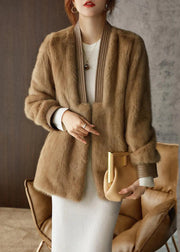 Plus Size Beige V Neck Mink Hair Coats Long Sleeve