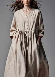 Plus Size Beige V Neck Wrinkled Patchwork Cotton Dresses Long Sleeve