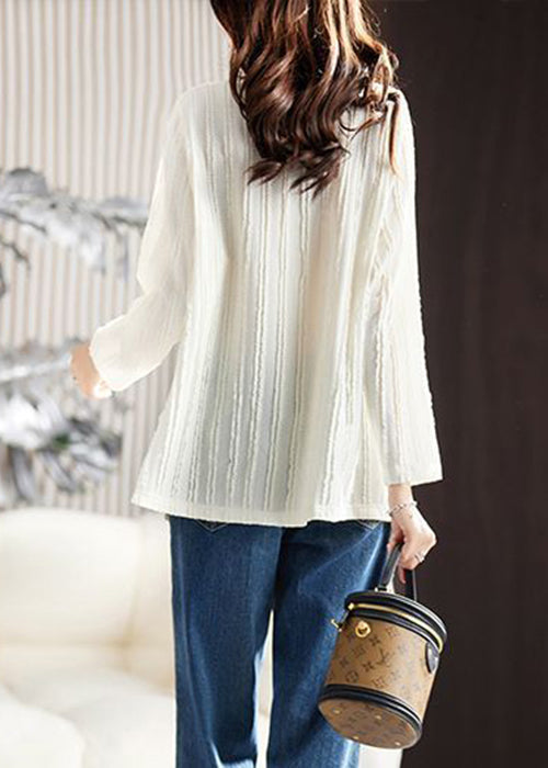 Plus Size Beige V Neck Wrinkled Pockets Cotton T Shirt Long Sleeve