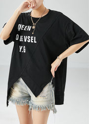 Plus Size Black Asymmetrical Letter Print Cotton Tanks Summer