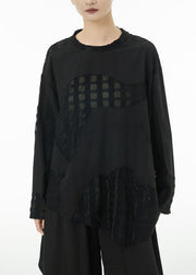 Plus Size Black Asymmetrical Patchwork Cotton Top Spring