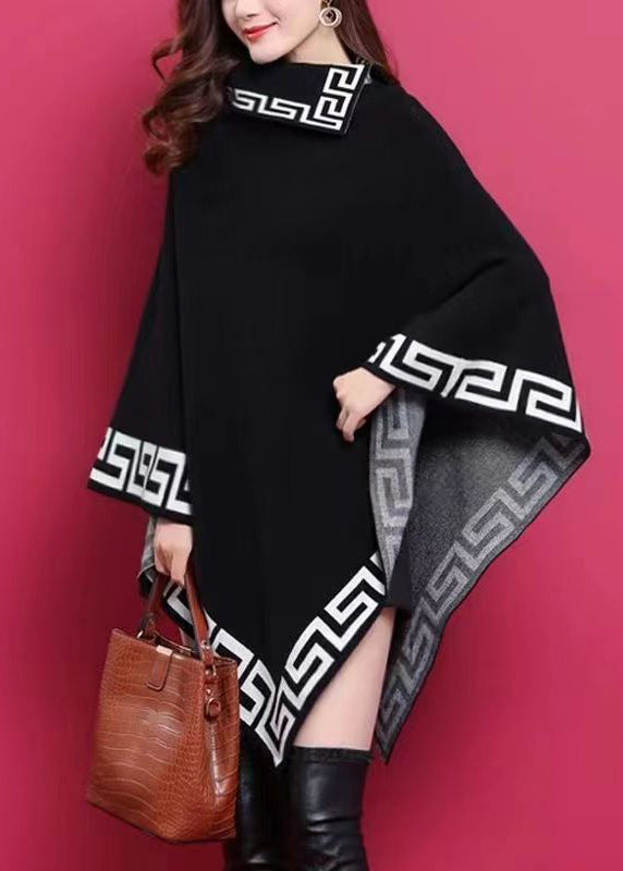 Plus Size Black Asymmetrical Print Patchwork Knit Sweaters Dresses Fall