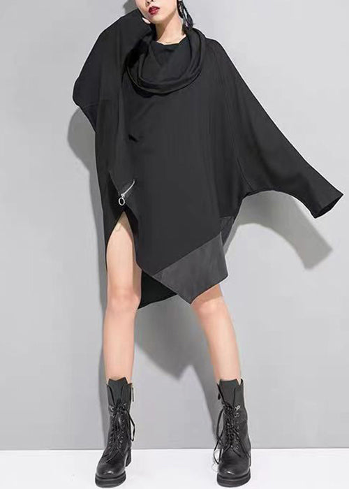 Plus Size Black Asymmetrical Zippered Patchwork Cotton Mid Dress Batwing Sleeve