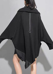 Plus Size Black Asymmetrical Zippered Patchwork Cotton Mid Dress Batwing Sleeve