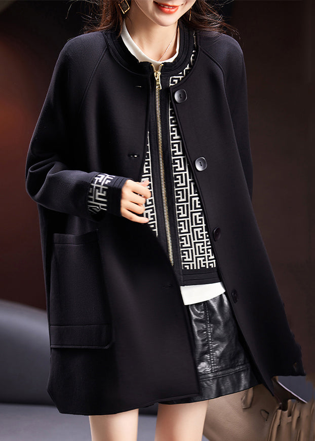 Plus Size Black Button Pockets Cotton Coats Long Sleeve