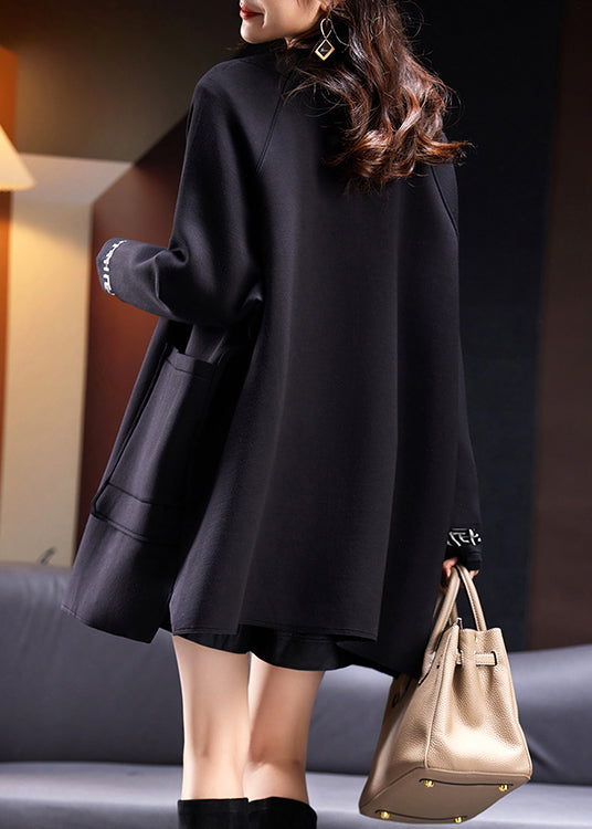 Plus Size Black Button Pockets Cotton Coats Long Sleeve