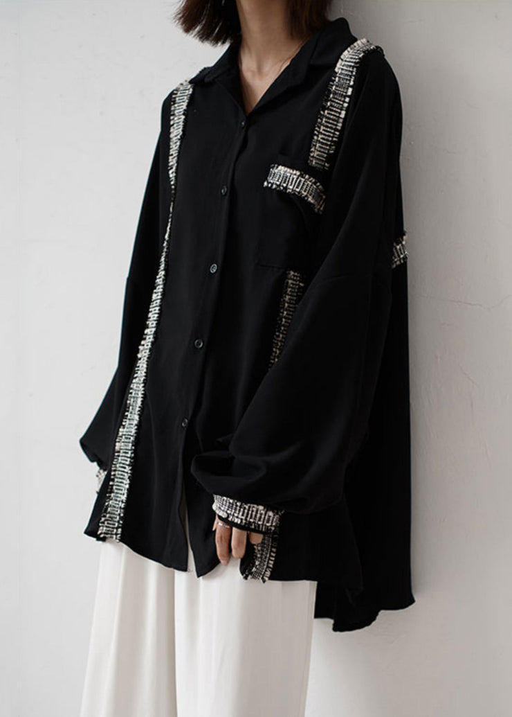 Plus Size Black Button Pockets Patchwork Chiffon Shirt Fall