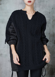 Plus Size Black Cinched Patchwork Knit Sweatshirts Top Spring