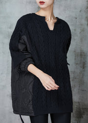 Plus Size Black Cinched Patchwork Knit Sweatshirts Top Spring