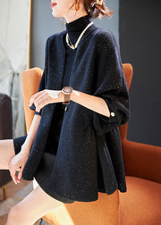 Plus Size Black Cinched Sequins Knit Loose Coat Winter