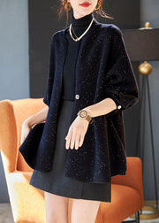 Plus Size Black Cinched Sequins Knit Loose Coat Winter