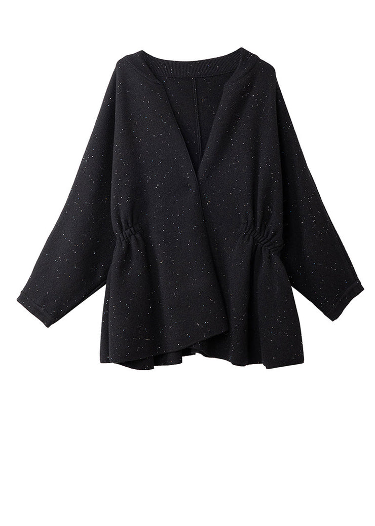 Plus Size Black Cinched Sequins Knit Loose Coat Winter