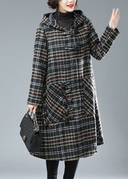 Plus Size Black Chocolate Plaid Hooded Pockets Thick Woolen Trench Winter