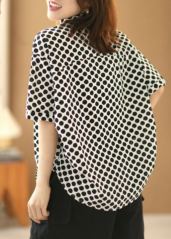 Plus Size Black Dot Print Peter Pan Collar Cotton Shirts Short Sleeve