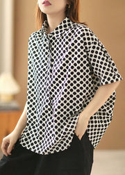 Plus Size Black Dot Print Peter Pan Collar Cotton Shirts Short Sleeve