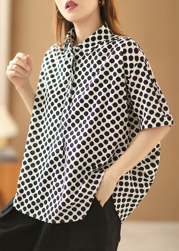 Plus Size Black Dot Print Peter Pan Collar Cotton Shirts Short Sleeve