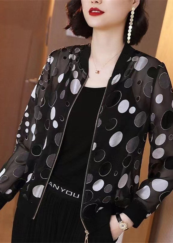 Plus Size Black Dot Print Zippere Chiffon Sunscreen Coat Long Sleeve