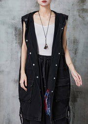 Plus Size Black Drawstring Pockets Cotton Hooded Vest Spring