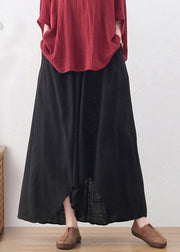 Plus Size Black Elastic Waist Pockets Linen Wide Leg Pants Skirt Fall