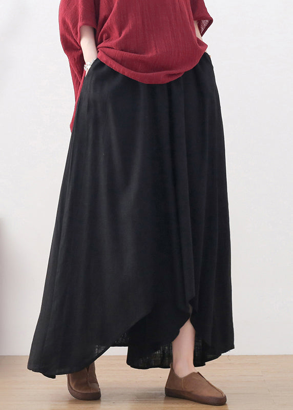 Plus Size Black Elastic Waist Pockets Linen Wide Leg Pants Skirt Fall