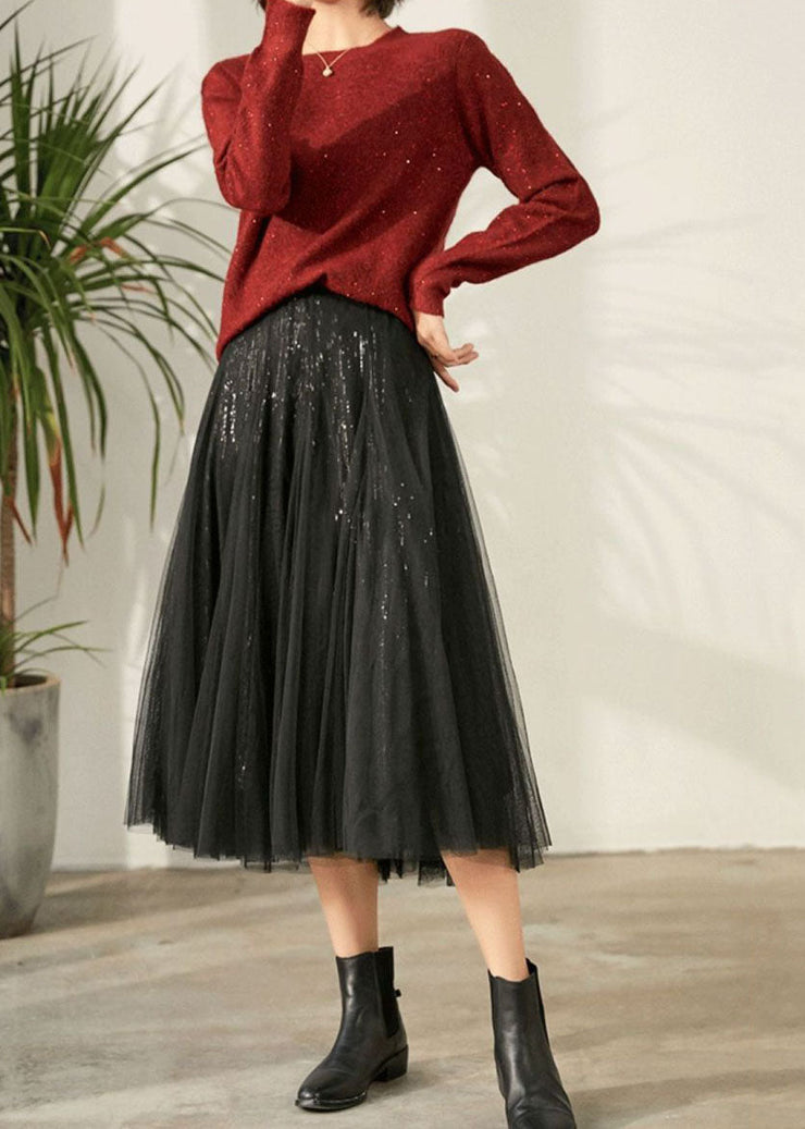 Plus Size Black Elastic Waist Sequins Tulle Skirt Spring