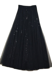 Plus Size Black Elastic Waist Sequins Tulle Skirt Spring