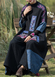 Plus Size Black Embroideried Denim Patchwork  Long Cardigan Fall