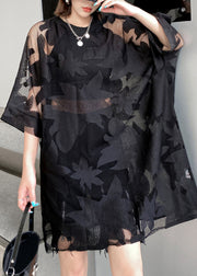 Plus Size Black Embroideried Hollow Out Patchwork Lace Mid Dress Half Sleeve