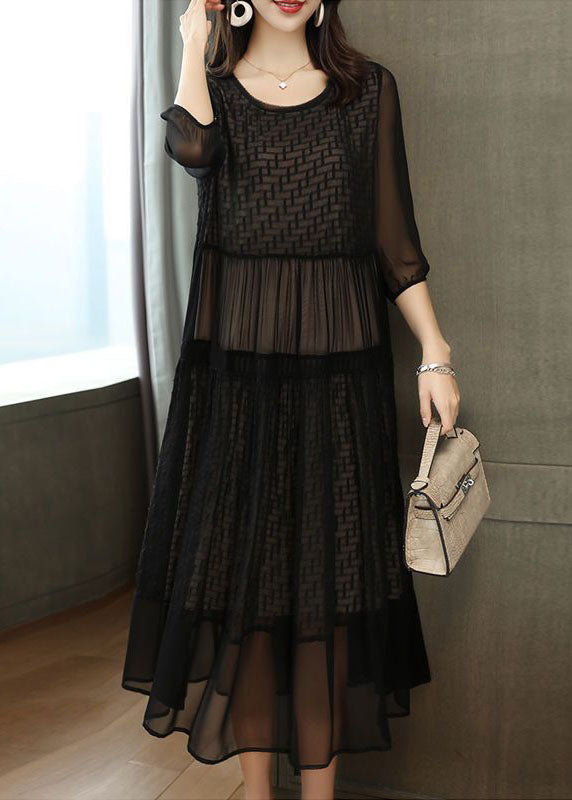 Plus Size Black Embroideried Patchwork Chiffon Party Dress Summer