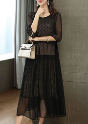 Plus Size Black Embroideried Patchwork Chiffon Party Dress Summer