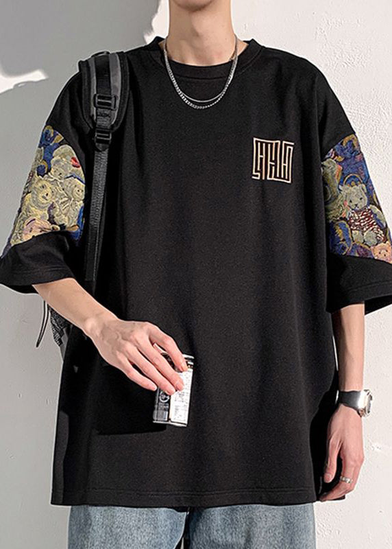 Plus Size Black Embroideried Patchwork Cotton Mens Graphic Tees Summer