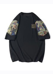 Plus Size Black Embroideried Patchwork Cotton Mens Graphic Tees Summer