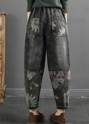 Plus Size Black Grey Pockets Print Patchwork Denim Pants Fall