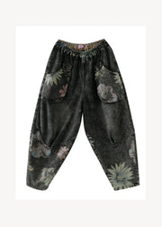 Plus Size Black Grey Pockets Print Patchwork Denim Pants Fall