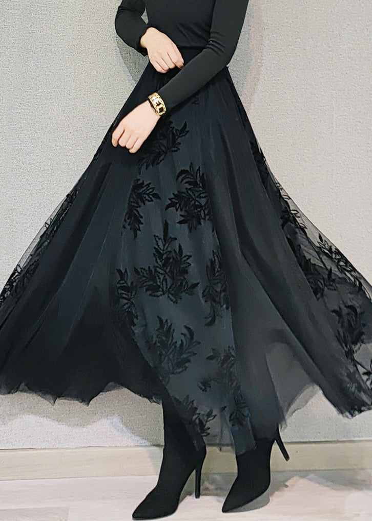 Plus Size Black High Waist Draping Tulle Maxi Skirt Spring