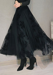 Plus Size Black High Waist Draping Tulle Maxi Skirt Spring