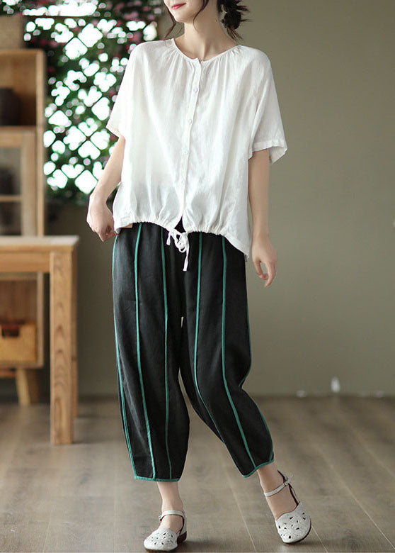 Plus Size Black High Waist Pockets Striped Linen Crop Pants Summer