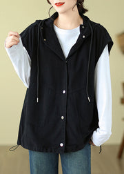 Plus Size Black Hooded Button Drawstring Cotton Waistcoat Sleeveless