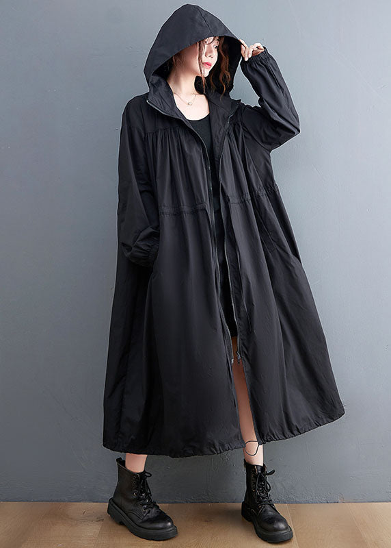 Plus Size Black Hooded Drawstring Cotton Trench Coat Spring