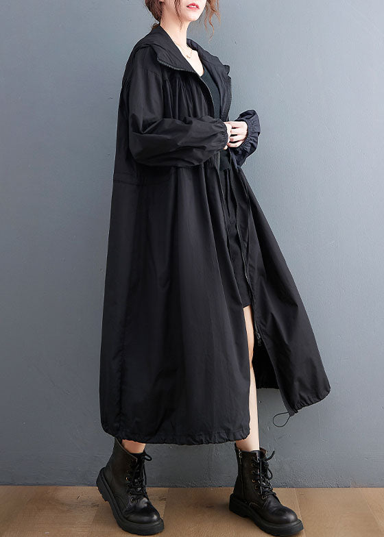 Plus Size Black Hooded Drawstring Cotton Trench Coat Spring