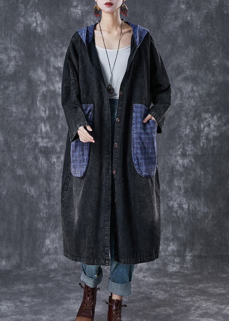 Plus Size Black Hooded Patchwork Big Pockets Denim Coats Fall