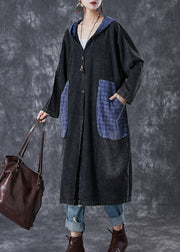 Plus Size Black Hooded Patchwork Big Pockets Denim Coats Fall