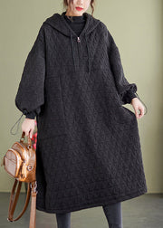 Plus Size Black Hooded Patchwork Fine Cotton Filled Dresses Winter