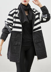 Plus Size Black Hooded Patchwork Striped Fine Cotton Filled Denim Jacket Witner