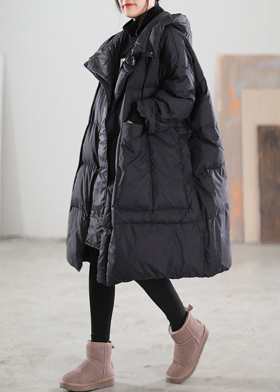 Plus Size Black Hooded Pockets Patchwork Duck Down Coat Winter