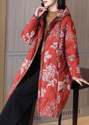 Plus Size Black Hooded Print Pockets Duck Down Down Coat Winter