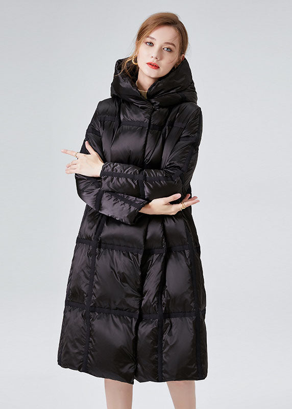 Plus Size Black Hooded Zip Up Duck Down Jacket In Winter